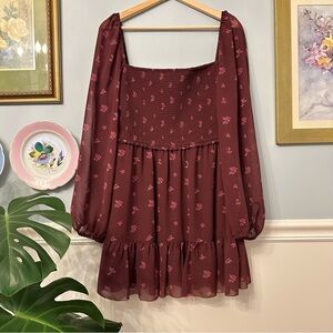 Aritzia Wilfred Burgundy Tempest Dress Large Floral Coquette Puff Sleeve Preppy
